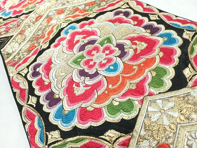 平和屋着物◎六通柄袋帯 唐織 更紗花文 黒地 金銀糸 正絹 逸品 CABL1767nb