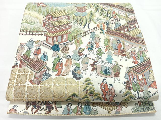 平和屋着物◎六通柄袋帯 人物風景文 金糸 正絹 逸品 CABL1778nb