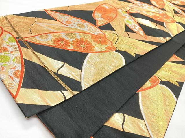 平和屋着物◎六通柄袋帯 唐織 笹竹草花文 黒地 金糸 正絹 逸品 CABL1787nb