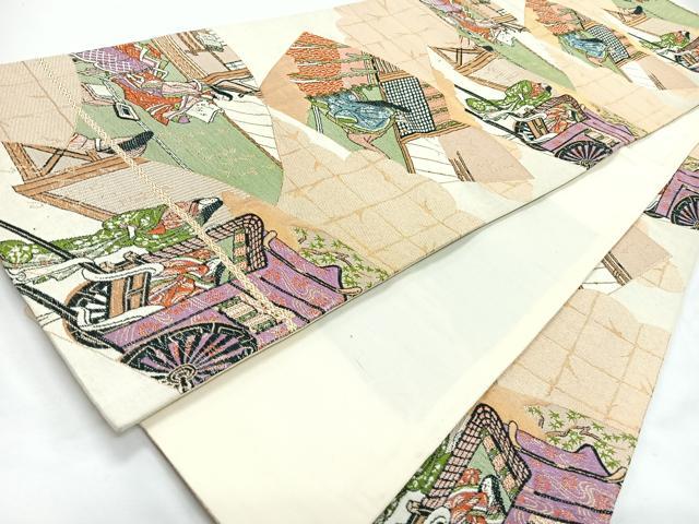 平和屋着物◎六通柄袋帯 地紙人物風景文 金糸 正絹 逸品 CABL1793nb