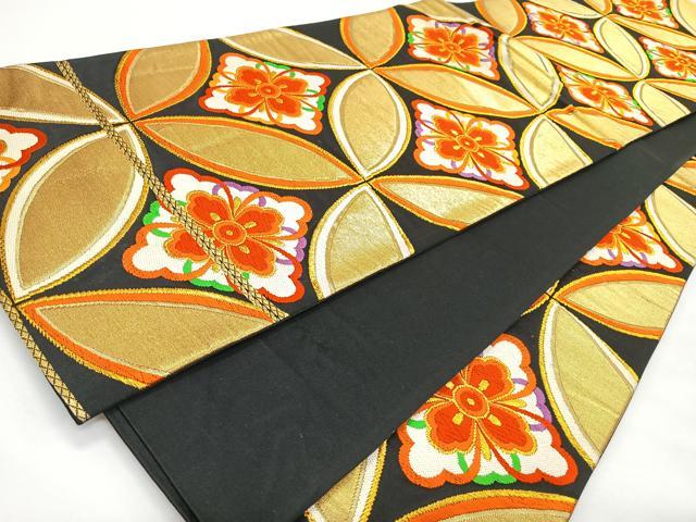 平和屋着物◎六通柄袋帯 唐織 七宝花文 黒地 金糸 正絹 逸品 CABL1797nb