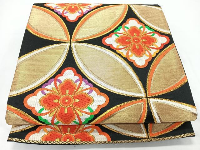 平和屋着物◎六通柄袋帯 唐織 七宝花文 黒地 金糸 正絹 逸品 CABL1797nb