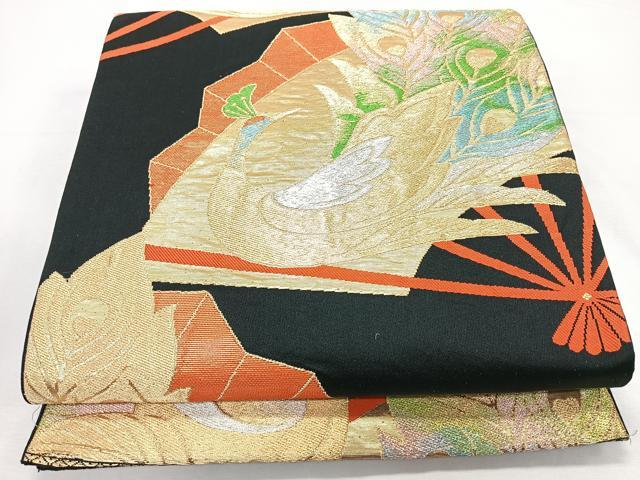 平和屋着物◎六通柄袋帯 扇面孔雀文 黒地 金銀糸 正絹 逸品 CABL1802nb