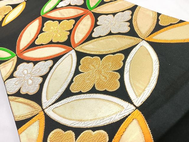 平和屋着物◎六通柄袋帯 唐織 七宝花文 黒地 金銀糸 正絹 逸品 CABL1805nb