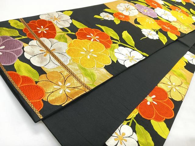 平和屋着物◎六通柄袋帯 唐織 草花文 黒地 金銀糸 正絹 逸品 CABL1813nb