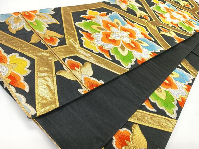 平和屋着物◎六通柄袋帯 亀甲正倉院花文 黒地 金銀糸 正絹 逸品 CABL1820nb