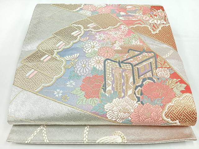 平和屋着物◎佐賀錦 六通柄袋帯 唐織 檜扇御所車鴛鴦草花文 金銀糸 正絹 逸品 CABL1855nb