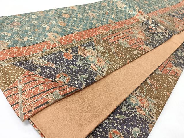 平和屋着物◎全通柄袋帯 扇面草花宝尽し文 金彩 正絹 逸品 未使用 CABL1895nb