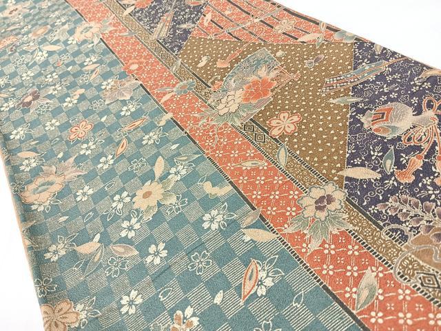 平和屋着物◎全通柄袋帯 扇面草花宝尽し文 金彩 正絹 逸品 未使用 CABL1895nb