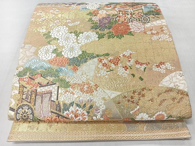 平和屋着物◎六通柄袋帯 唐織 僻み御所車花文 鉾 金糸 正絹 逸品 CABL1911nb