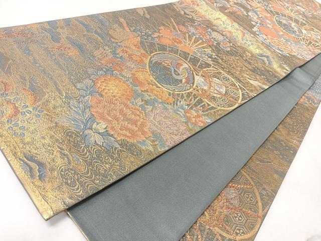 平和屋着物◎六通柄袋帯 流水扇面花鳥文 金糸 正絹 逸品 CABL1912nb