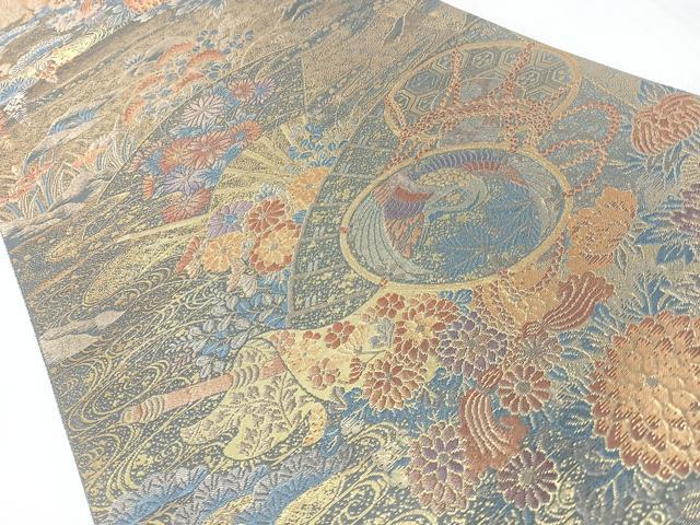 平和屋着物◎六通柄袋帯 流水扇面花鳥文 金糸 正絹 逸品 CABL1912nb
