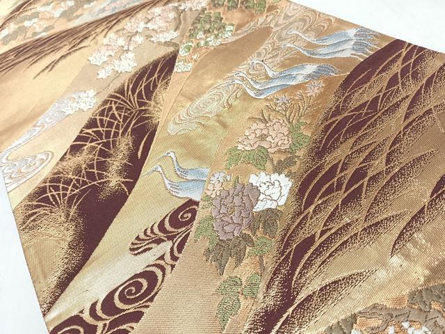 平和屋着物◎六通柄袋帯 唐織 群鶴草花文 金糸 正絹 逸品 CABL1920nb