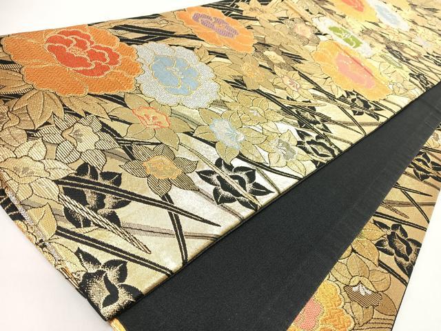 平和屋着物◎六通柄袋帯 草花文 黒地 金銀糸 正絹 逸品 CABL1934nb