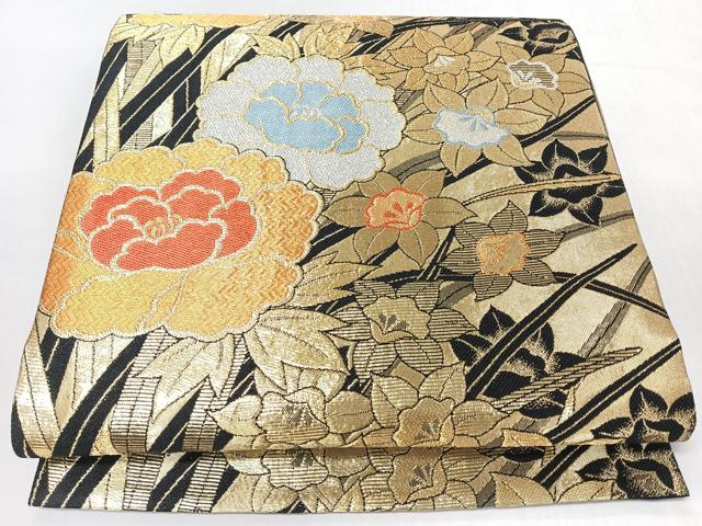 平和屋着物◎六通柄袋帯 草花文 黒地 金銀糸 正絹 逸品 CABL1934nb