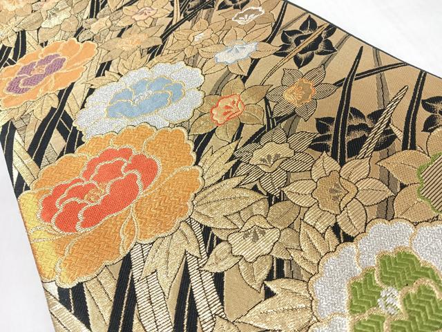 平和屋着物◎六通柄袋帯 草花文 黒地 金銀糸 正絹 逸品 CABL1934nb