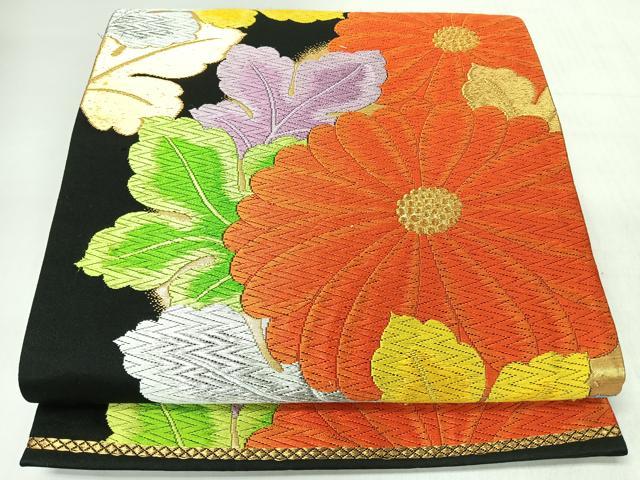 平和屋着物◎六通柄袋帯 唐織 菊花招宴文 黒地 金銀糸 正絹 逸品 CABL1944nb