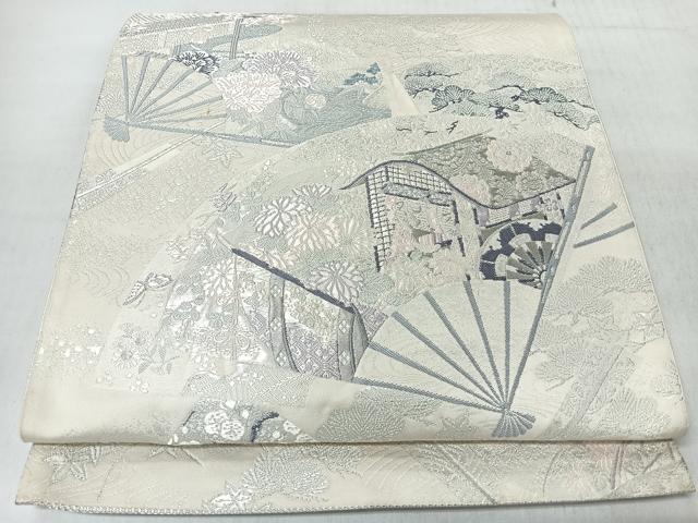 平和屋着物◎六通柄袋帯 唐織 流水扇面御所車風景文 プラチナ箔二重織 正絹 逸品 CABL1959nb