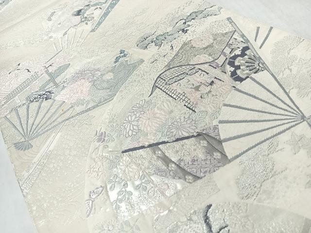 平和屋着物◎六通柄袋帯 唐織 流水扇面御所車風景文 プラチナ箔二重織 正絹 逸品 CABL1959nb