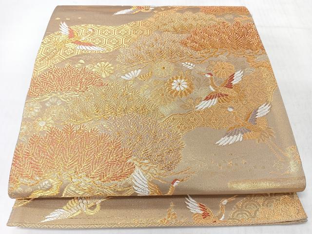 平和屋着物◎六通柄袋帯 飛鶴草花文 松 金糸 正絹 逸品 CABL1965nb