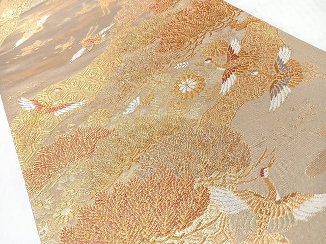 平和屋着物◎六通柄袋帯 飛鶴草花文 松 金糸 正絹 逸品 CABL1965nb