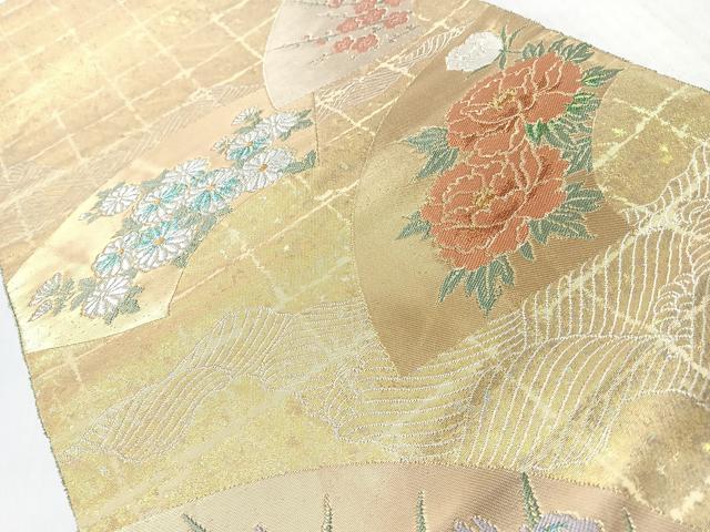 平和屋着物◎西陣 服部織物謹製 六通柄袋帯 こはく錦 手工芸 流水地紙草花文 金銀糸 正絹 逸品 CABL1966nb