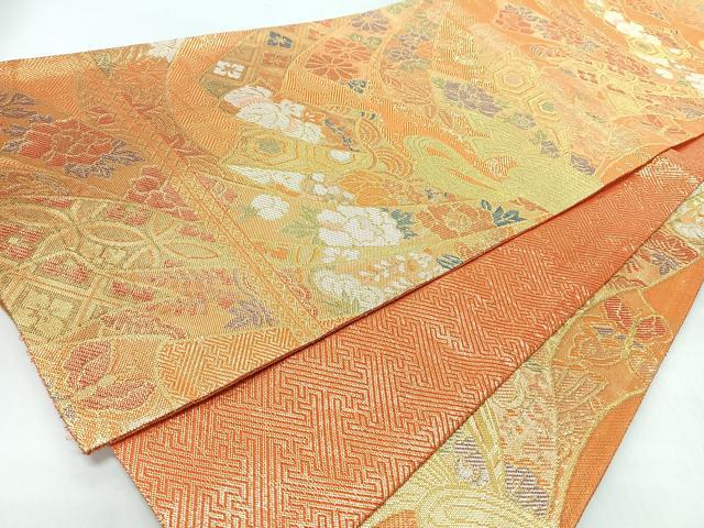 平和屋着物◎佐賀錦 六通柄袋帯 束ね熨斗草花文 金糸 正絹 逸品 CABL1970nb
