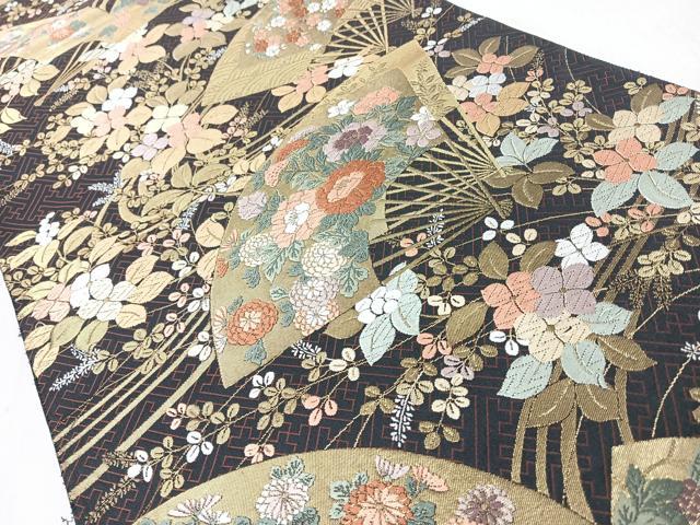平和屋着物◎六通柄袋帯 唐織 扇面草花文 金糸 正絹 逸品 CABL1974nb