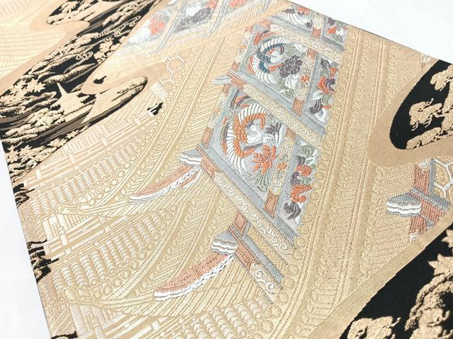 平和屋着物◎六通柄袋帯 唐織 風景文 鶴 黒地 金銀糸 正絹 逸品 CABL1992nb