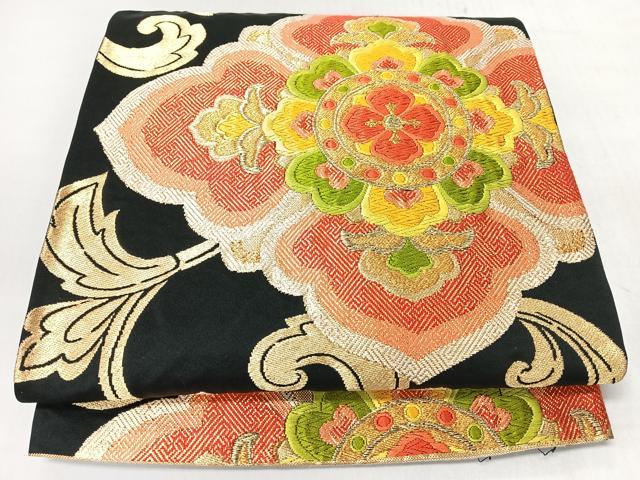 平和屋着物◎六通柄袋帯 唐織 更紗花唐草文 黒地 金糸 正絹 逸品 CABL1995nb