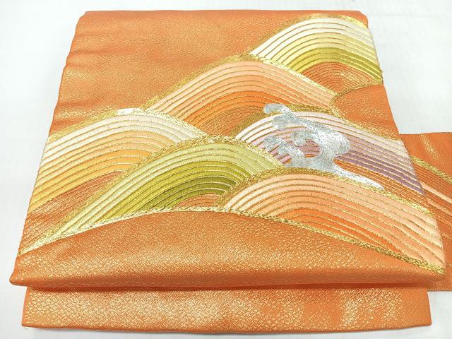 平和屋着物◎九寸名古屋帯 総刺繍 駒刺繍 立波文 金銀糸 正絹 逸品 CABL1997nb