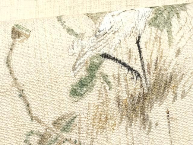 平和屋着物*夏物 九寸名古屋帯 手描き 紬地 鶴更紗花文 金彩 正絹 逸品 CABL2032fb