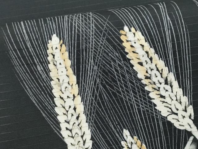 平和屋着物*夏物 絽塩瀬 九寸開き名古屋帯 ろうけつ染め 稲穂 黒地 正絹 逸品 CABL2056fb