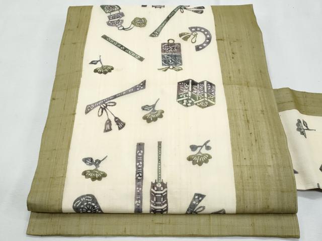 平和屋着物*夏物 絹芭蕉 九寸名古屋帯 型染め 器物花文 正絹 逸品 CABL2097fb