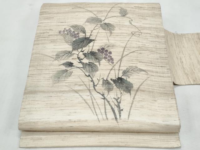 平和屋着物*夏物 九寸名古屋帯 作家物 手描き 紬地 葡萄蔦の葉文 麻 逸品 CABL2122fb