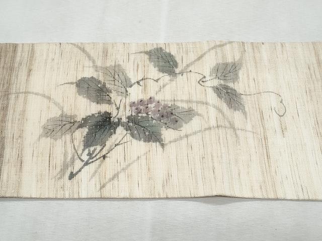 平和屋着物*夏物 九寸名古屋帯 作家物 手描き 紬地 葡萄蔦の葉文 麻 逸品 CABL2122fb