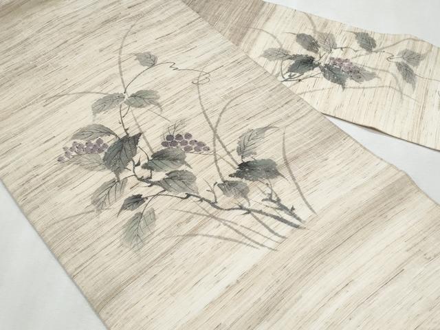平和屋着物*夏物 九寸名古屋帯 作家物 手描き 紬地 葡萄蔦の葉文 麻 逸品 CABL2122fb