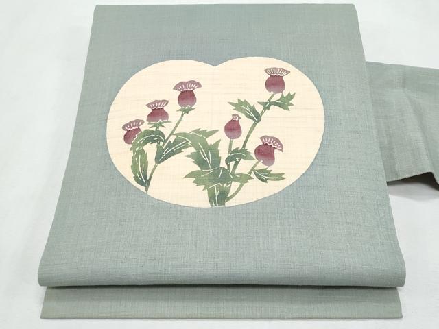 平和屋着物*夏物 九寸名古屋帯 型染め 草花文 麻 逸品 CABL2123fb