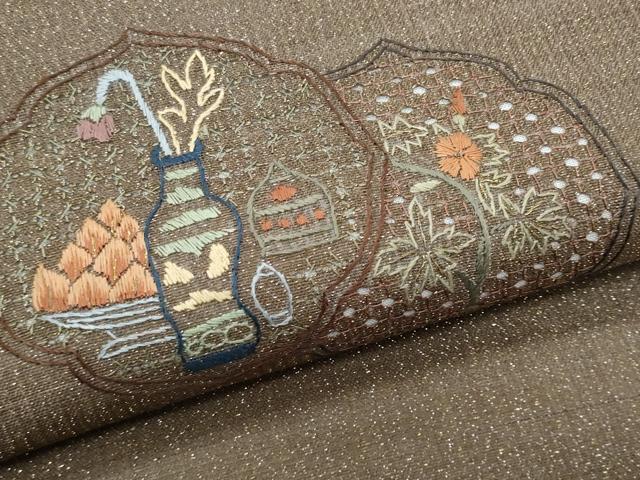 平和屋着物*夏物 八寸名古屋帯 スワトウ刺繍 総刺繍 陶器花文 金糸 正絹 逸品 CABL2153fb
