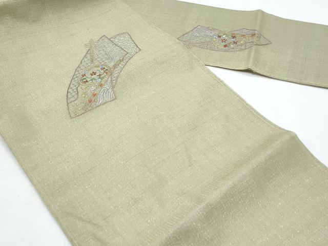 平和屋着物*夏物 八寸名古屋帯 スワトウ刺繍 総刺繍 地紙重ね花文 金糸 正絹 逸品 CABL2154fb
