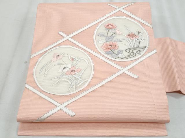 平和屋着物*夏物 九寸名古屋帯 駒刺繍 総刺繍 花丸文 銀糸 正絹 逸品 CABL2208fb