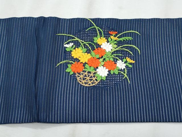 平和屋着物*夏物 九寸名古屋帯 総刺繍 花籠文 正絹 逸品 CABL2228fb
