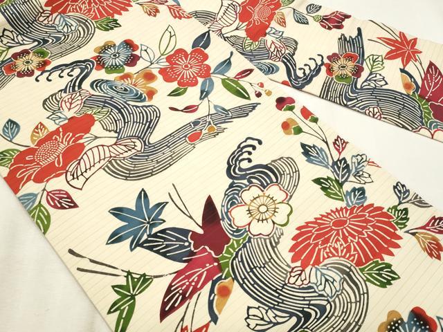 平和屋着物*夏物 絽塩瀬 全通柄 九寸名古屋帯 型染め 立波枝花文 正絹 逸品 CABL2290fb