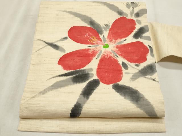 平和屋着物*夏物 九寸名古屋帯 作家物 手描き 草花文 麻 逸品 CABL2292fb