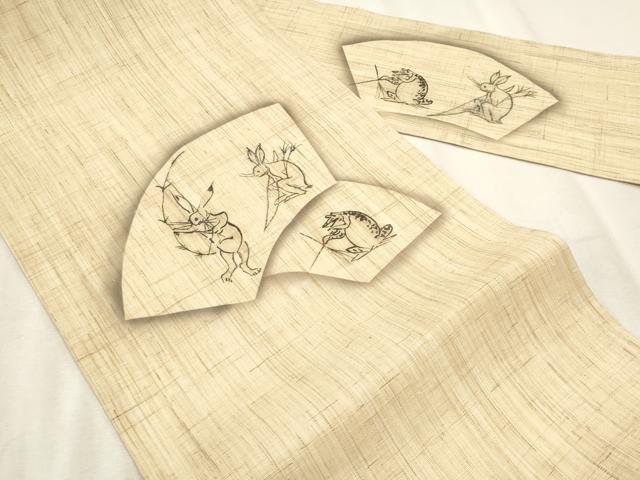 平和屋着物*夏物 九寸名古屋帯 地紙重ね鳥獣戯画 麻 逸品 CABL2296fb