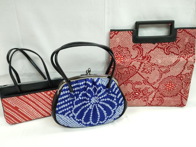 平和屋着物▼和装小物 和装バッグまとめて3点 ハンドバッグ 鹿の子花文 青 赤 未使用あり 逸品 CABL2518ju