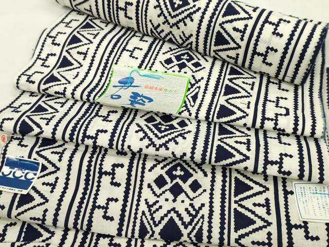 平和屋着物∴夏物 浴衣 反物 注染 幾何学間道 綿 着尺 逸品 未使用 CABL2613ju