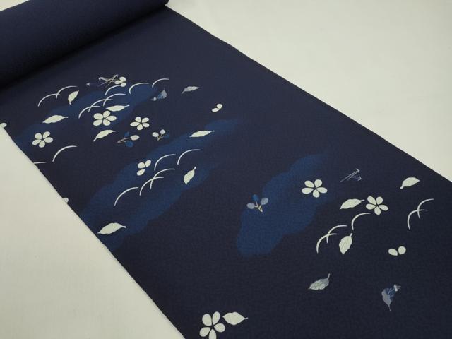 平和屋着物●付下げ 解き反物 刺繍 阿波藍 天然灰汁建 芝草舞葉花文 鉄紺色 金糸 着尺 逸品 CABL2634ju