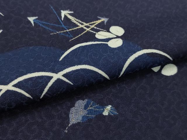 平和屋着物●付下げ 解き反物 刺繍 阿波藍 天然灰汁建 芝草舞葉花文 鉄紺色 金糸 着尺 逸品 CABL2634ju