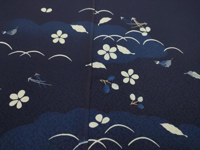 平和屋着物●付下げ 解き反物 刺繍 阿波藍 天然灰汁建 芝草舞葉花文 鉄紺色 金糸 着尺 逸品 CABL2634ju